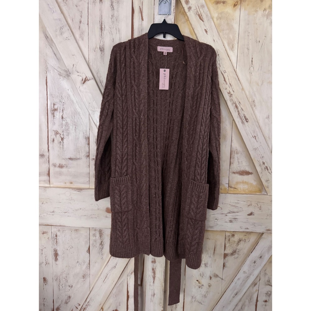 Philosophy Cardigan Cable Knit Open Front Belt‎ Brown Camel Size Medium